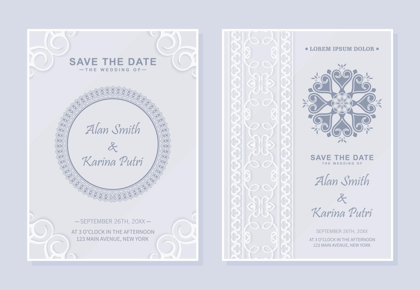 Tarjeta de invitación de boda de estilo ornamental en color suave. vector