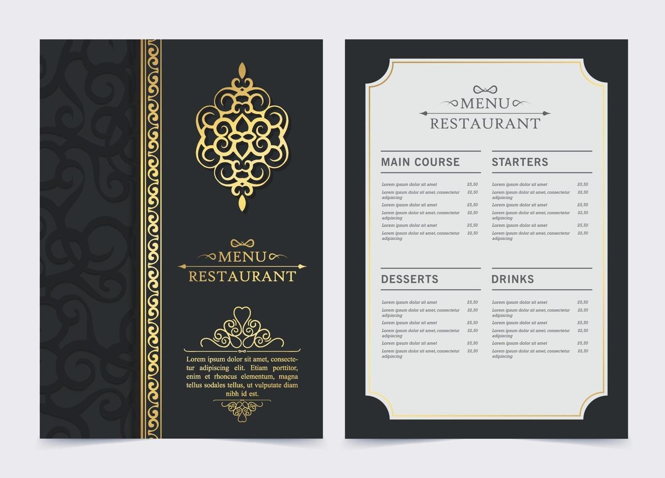 Luxury dark restaurant menu with logo ornament vector