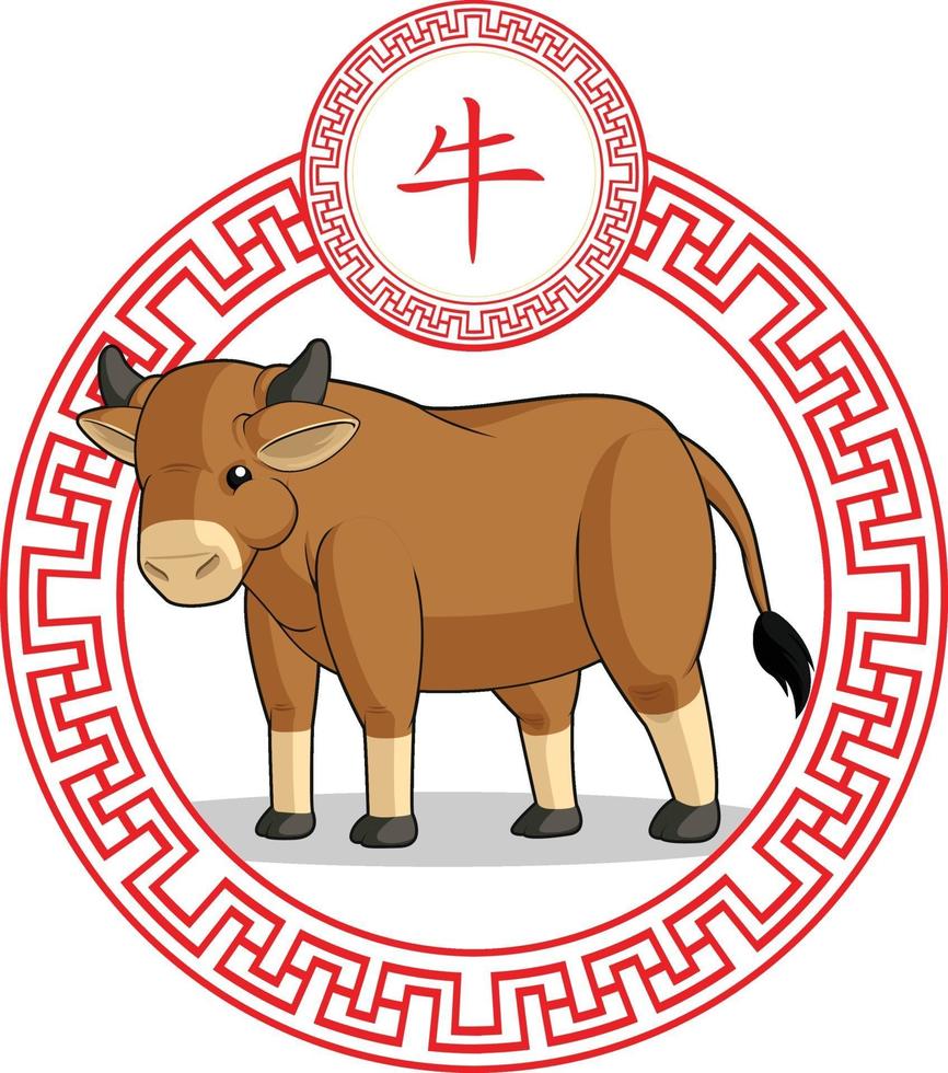 Chinese Zodiac Sign Cow Bull Ox Animal Cartoon Lunar Astrology Drawing vector