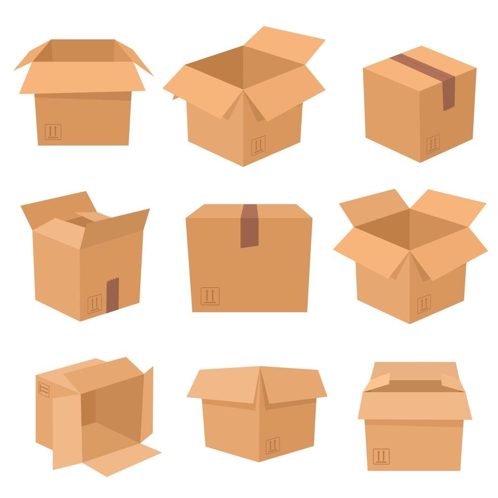 Set of cardboard boxes isolated on white background. Vector illustration