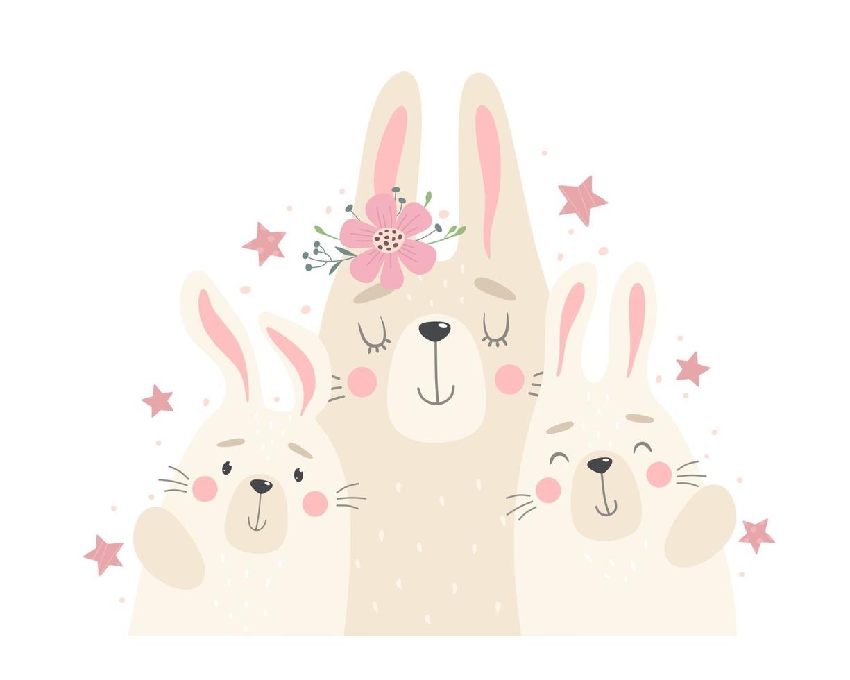 Cute family of rabbits, mom and rabbits. Vector illustration in cartoon flat style