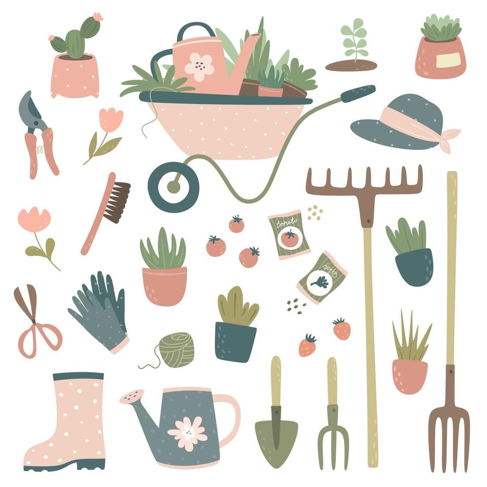 colección de herramientas y artículos de jardinería, carro, regadera, horquilla, rastrillo, flores en macetas, guantes de jardinería, podadora, tijeras, semillas. diseño de jardinería. vector