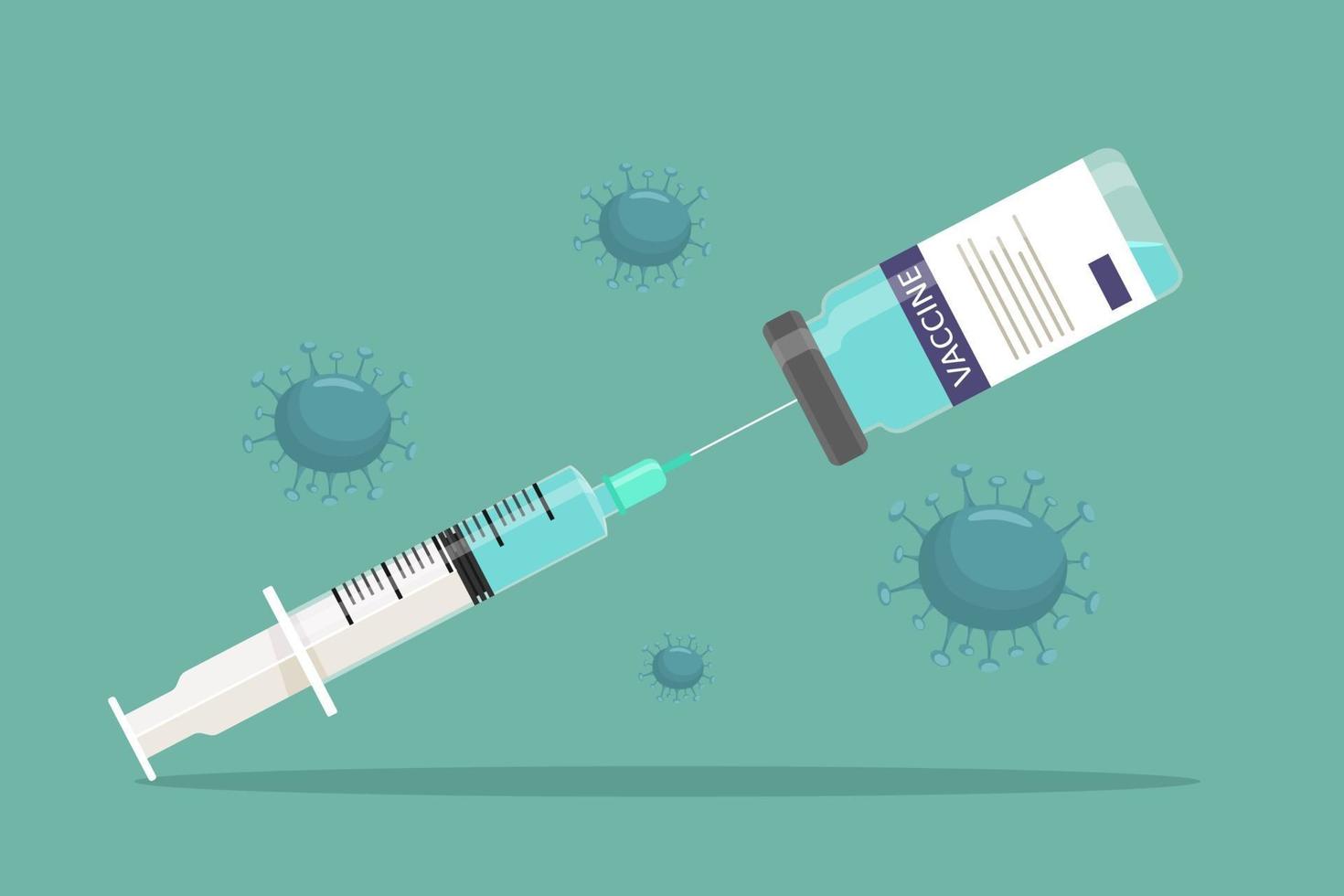 concepto de vacunación con jeringa en ampolla rodeada de bacterias y gérmenes. ilustración vectorial en estilo plano. medicamento. vector