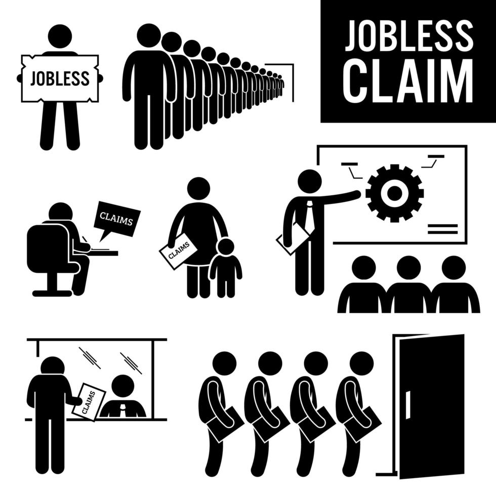 reclamaciones de desempleo prestaciones de desempleo iconos de pictogramas de figura de palo. vector