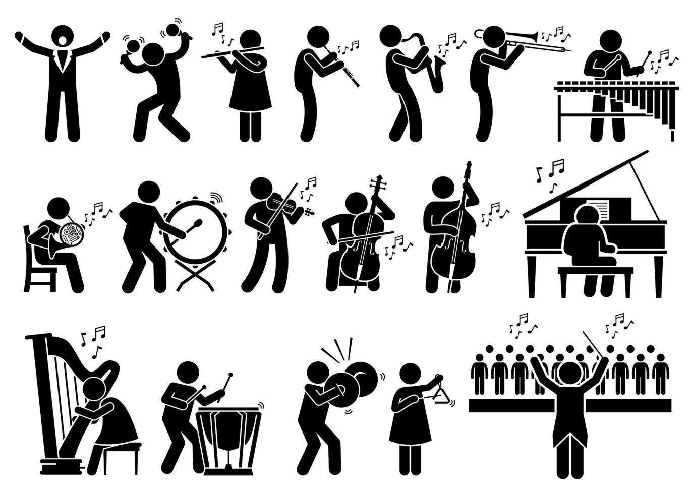 músicos de orquesta sinfónica con instrumentos musicales iconos de pictogramas de figura de palo. vector