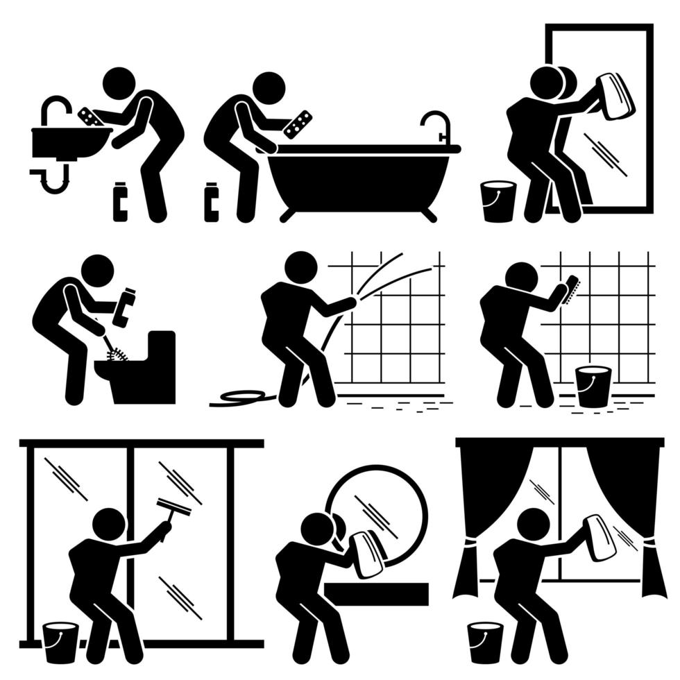 Man Cleaning Bathroom Toilet Windows and Mirror. vector