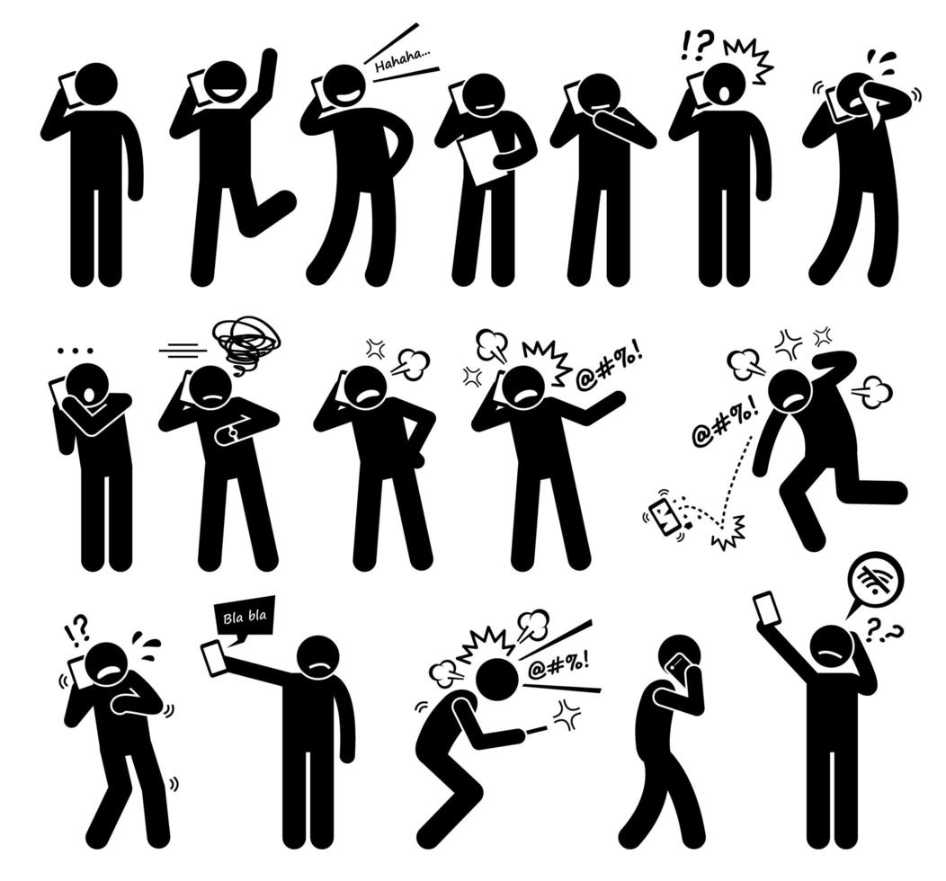 People Expressions Feelings Emotions While Talking on a Cellphone Stick Figure Pictogram Icons. vector