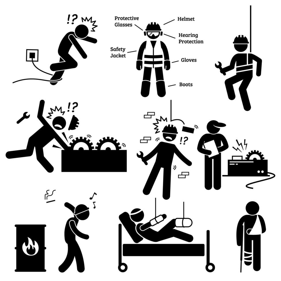 pictograma de peligro de accidente de trabajador de seguridad y salud ocupacional. vector