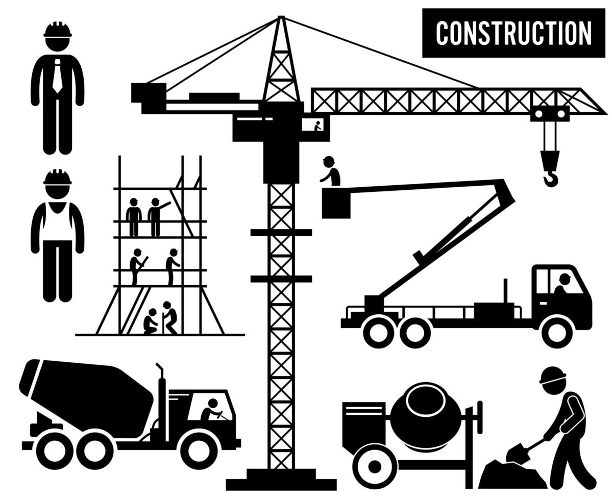 Construction Scaffolding Tower Crane Mixer Truck Sky Lift Heavy Industry Pictogram. vector