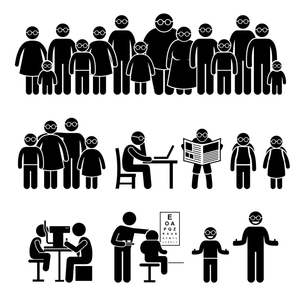 People Children Family Wearing Glasses Stick Figure Pictogram Icons. vector