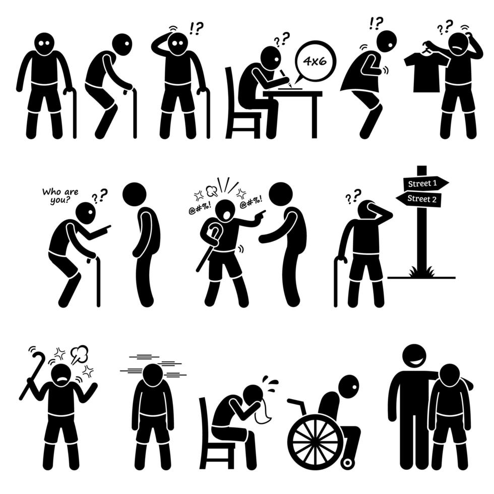 Alzheimer and Dementia Elderly Old Man Stick Figure Pictogram Icons. vector