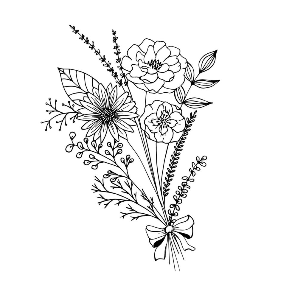 Spring flowers bouquet with bow. Doodle decoration vector flower arrangement isolated on white background.