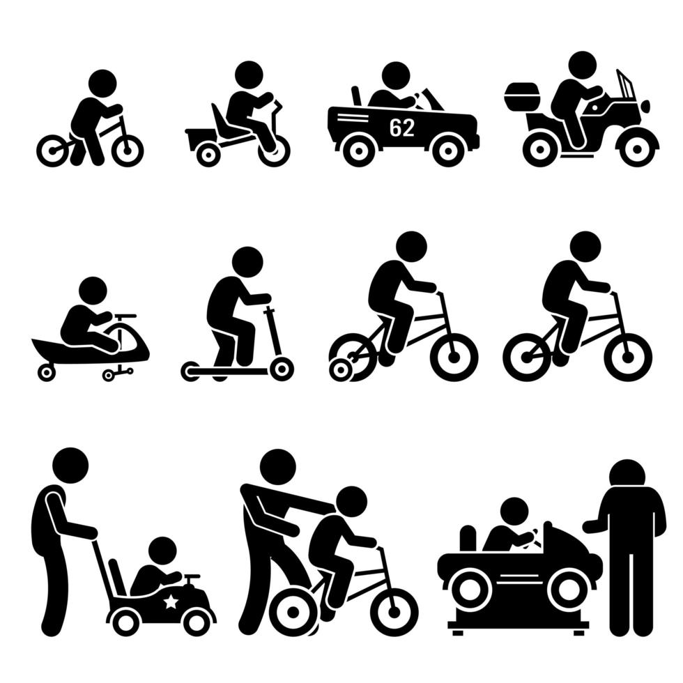 niños pequeños montando vehículos de juguete e iconos de pictogramas de figura de palo de bicicleta. vector