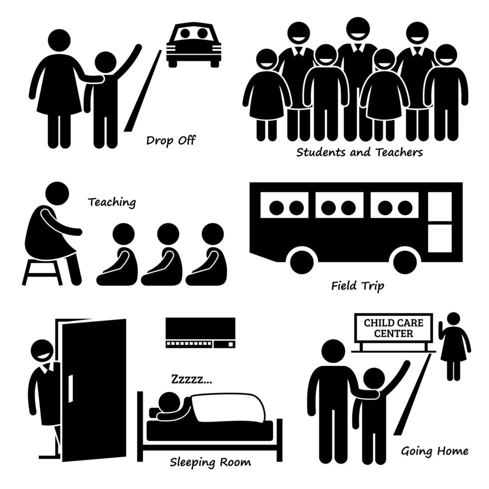 Child Daycare Center for Primary Students Pictogram Icons. vector