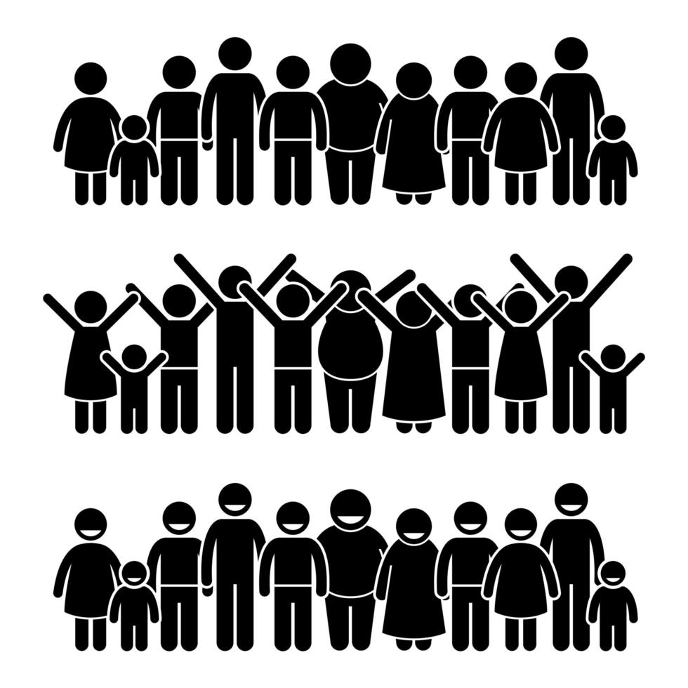 Group of Happy Children Standing Smiling and Raising Hands Stick Figure Pictogram Icons. vector