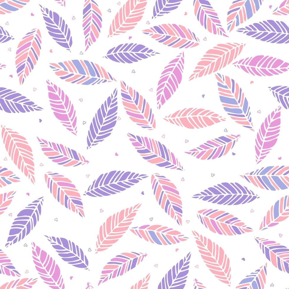 Vector illustration of pink and lilac leaves seamless pattern. Hand drawn leaf and hearts texture. Element design.