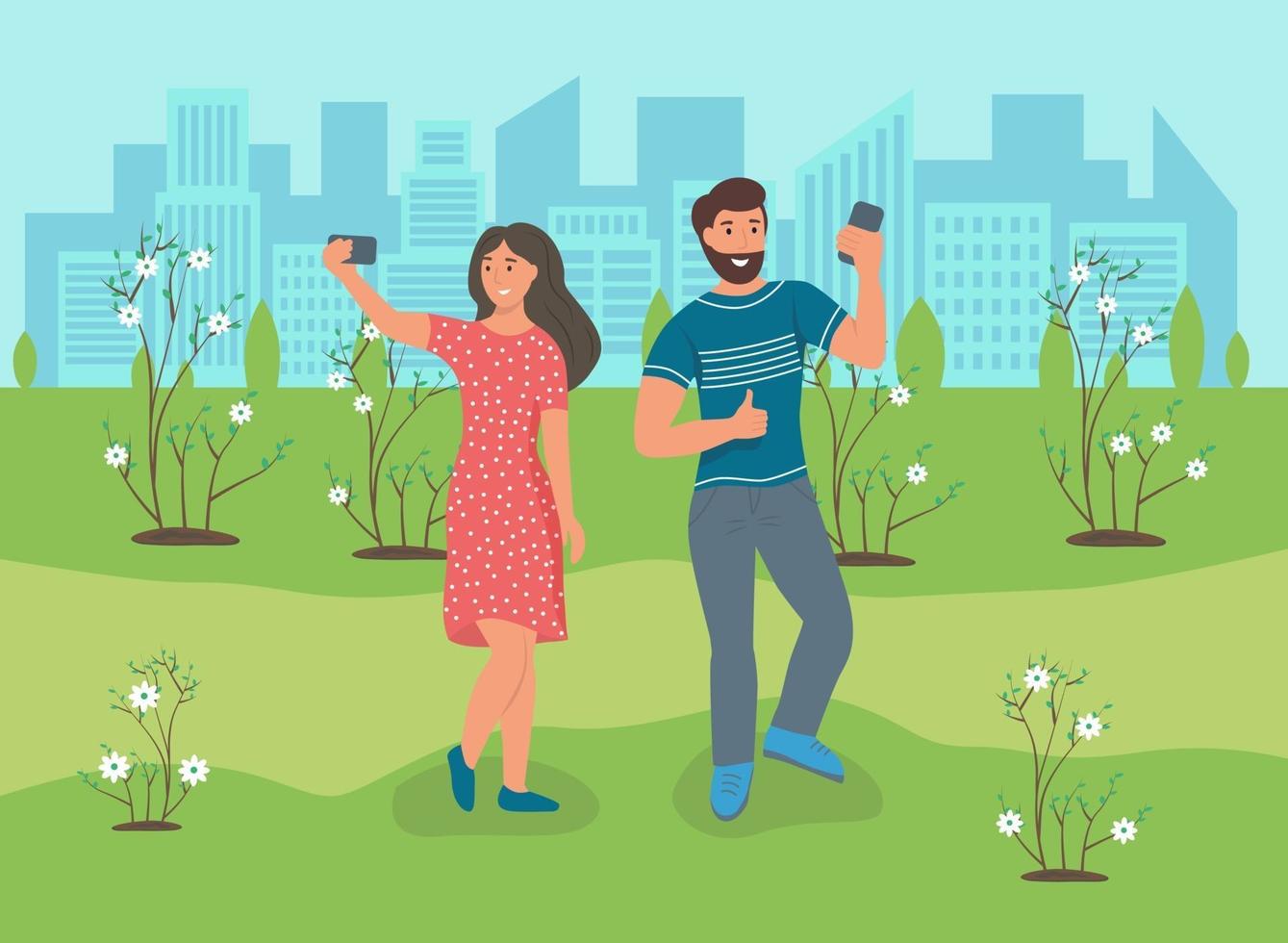 A couple in love takes a selfie in the park vector