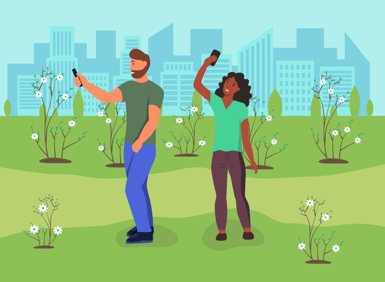 una pareja enamorada se toma una selfie en el parque vector