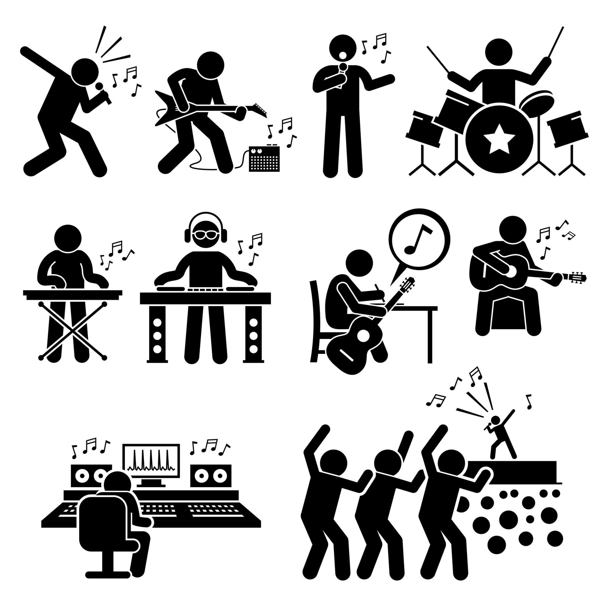 Rock Star Musician Music Artist with Musical Instruments Stick Figure