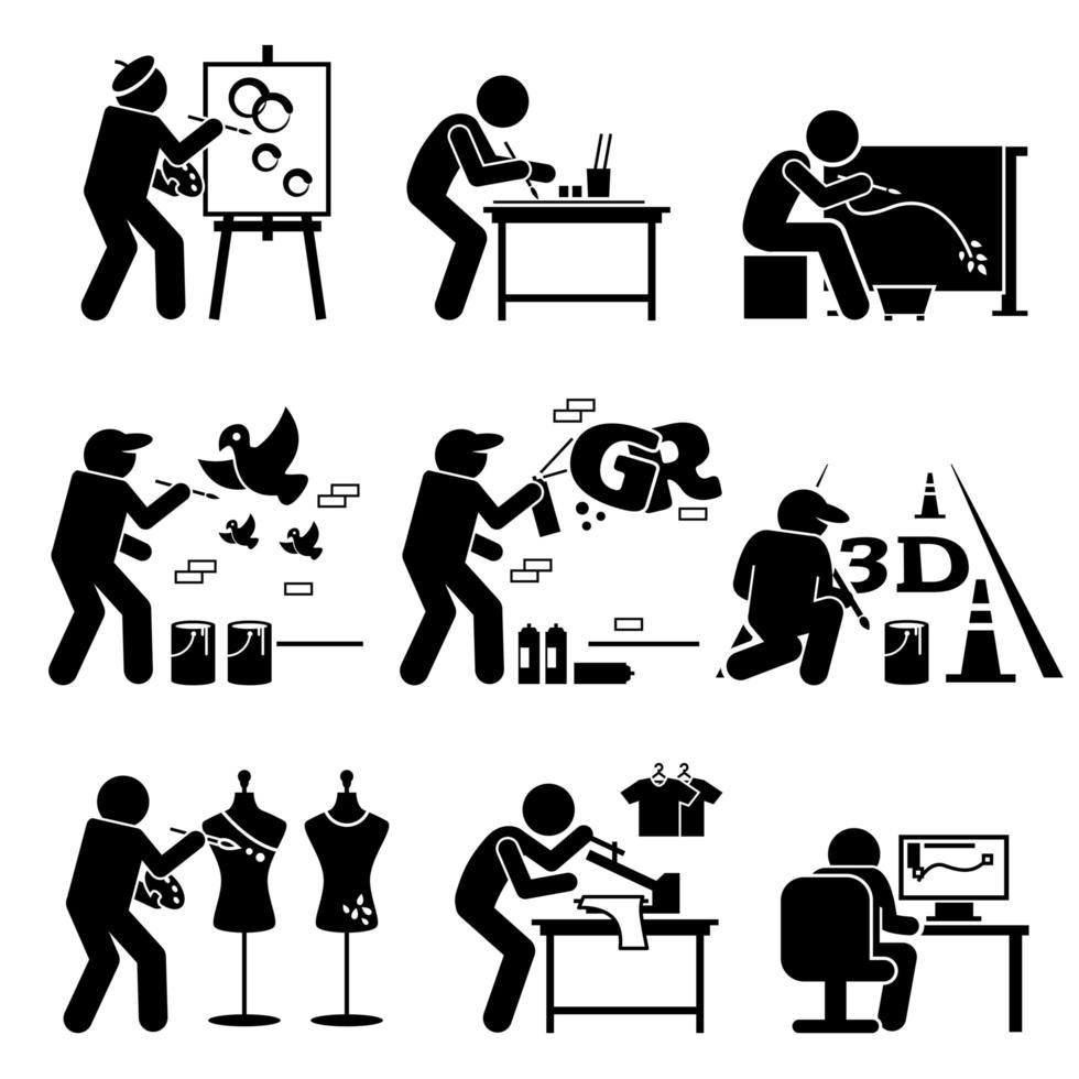 Painter Street Artist Graphic Designer Drawing Arts Stick Figure Pictogram Icons. vector