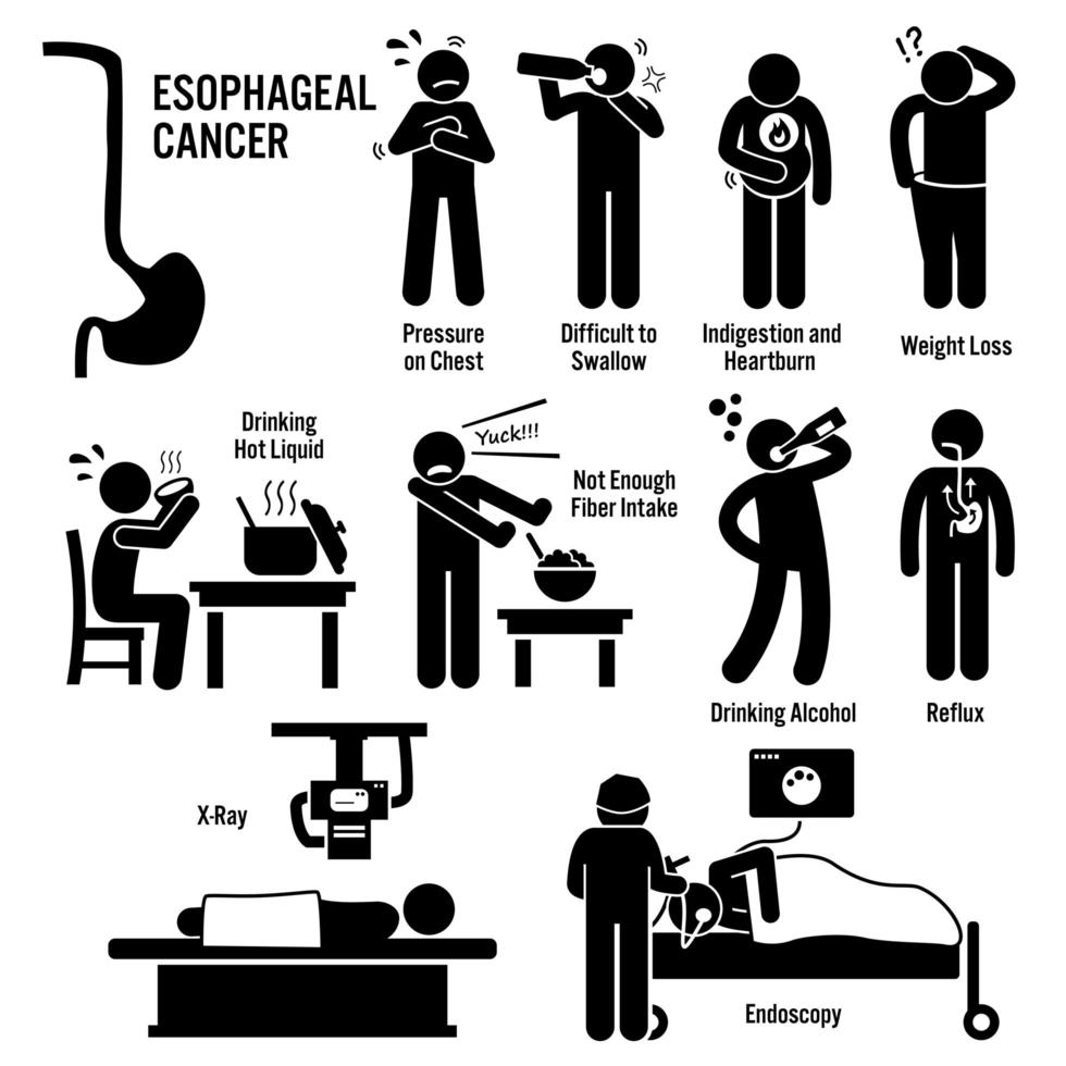 esófago esofágico cáncer de garganta síntomas causas factores de riesgo diagnóstico figura palo pictograma iconos. vector