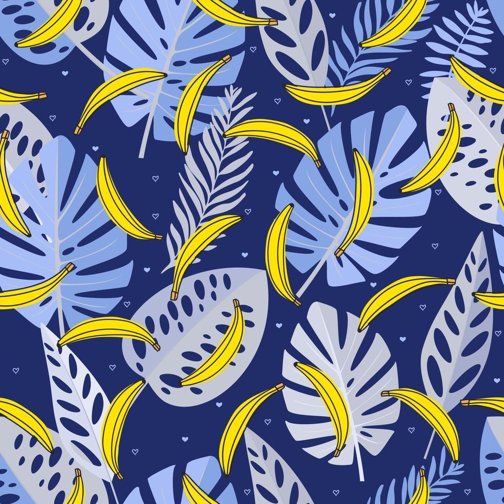 Seamless pattern with blue leaves, bananas and heart. Hand drawn, vector, bright colours. Background for prints, fabric, wallpapers, wrapping paper. vector