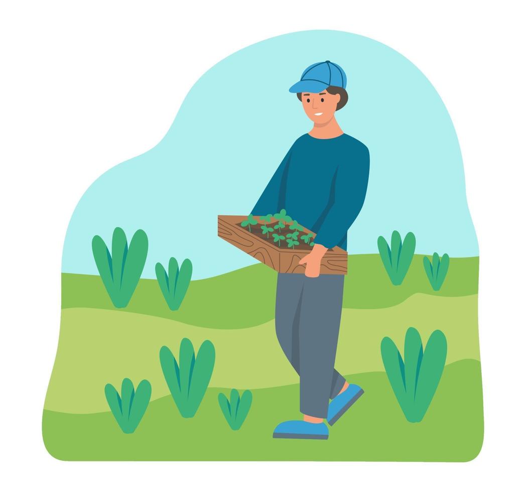 agricultor lleva una caja de plántulas. vector