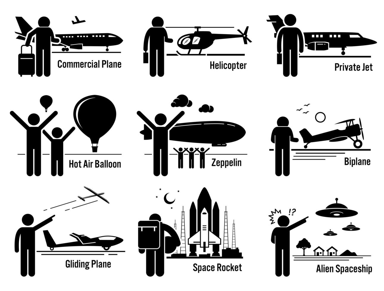 Conjunto de vehículos y personas de transporte aéreo. vector