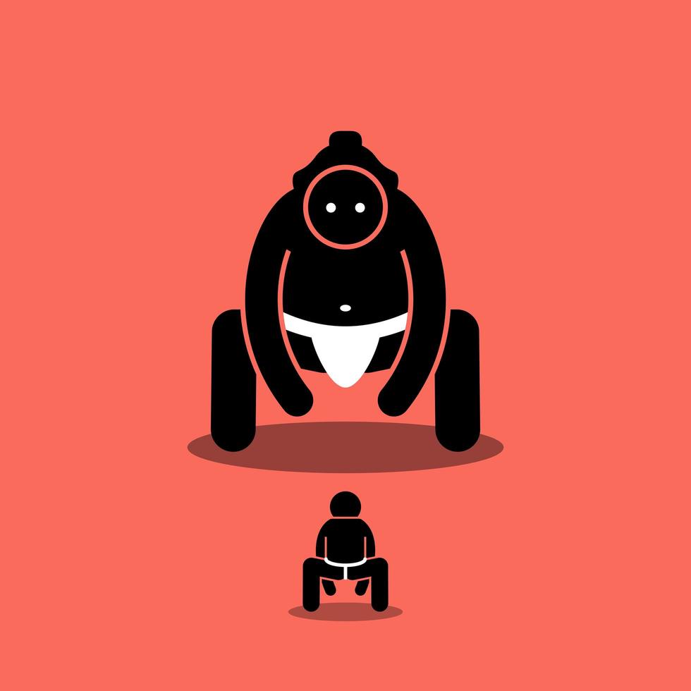 Tiny man vs big Japanese sumo fighter. vector