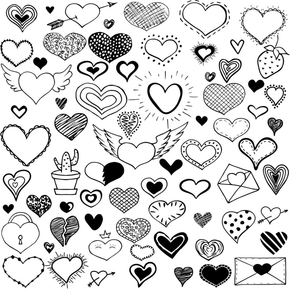 colección doodle corazón. colección de pegatinas románticas. bocetos simples del tema del amor para el diseño web o productos impresos. vector