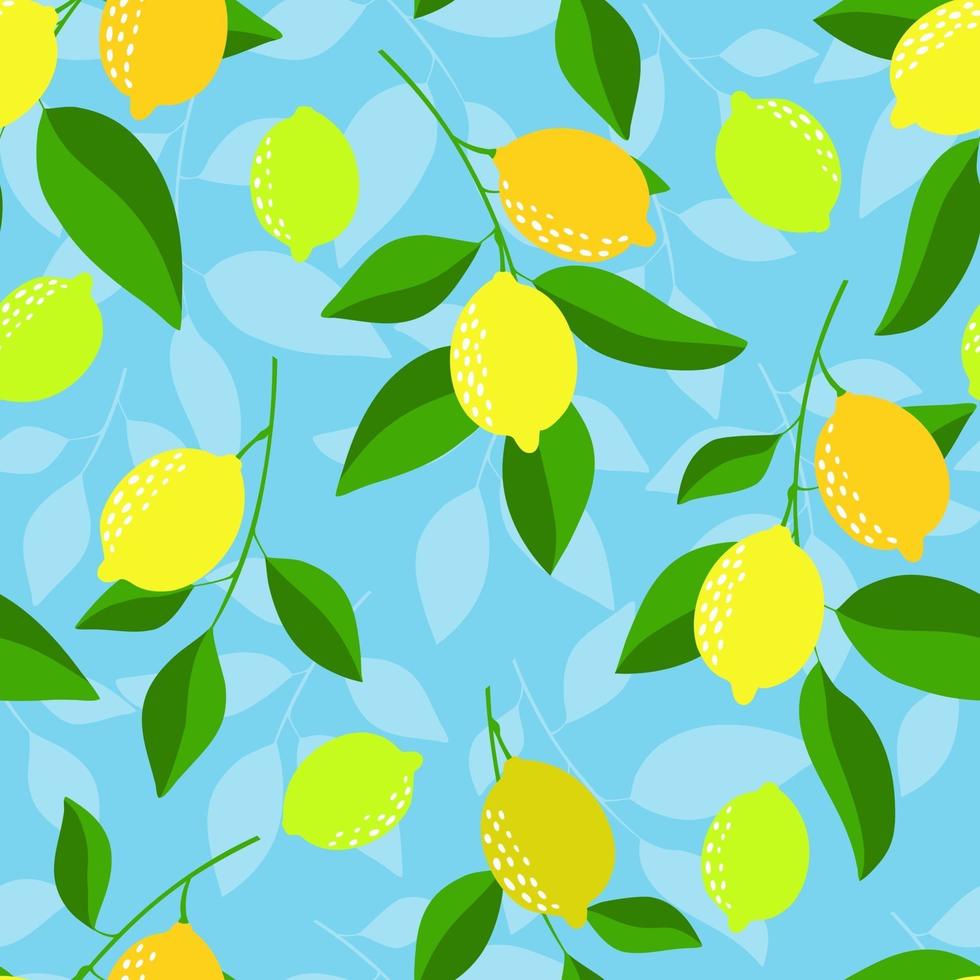 Seamless pattern with lemons on the blue background. Bright summer design. vector