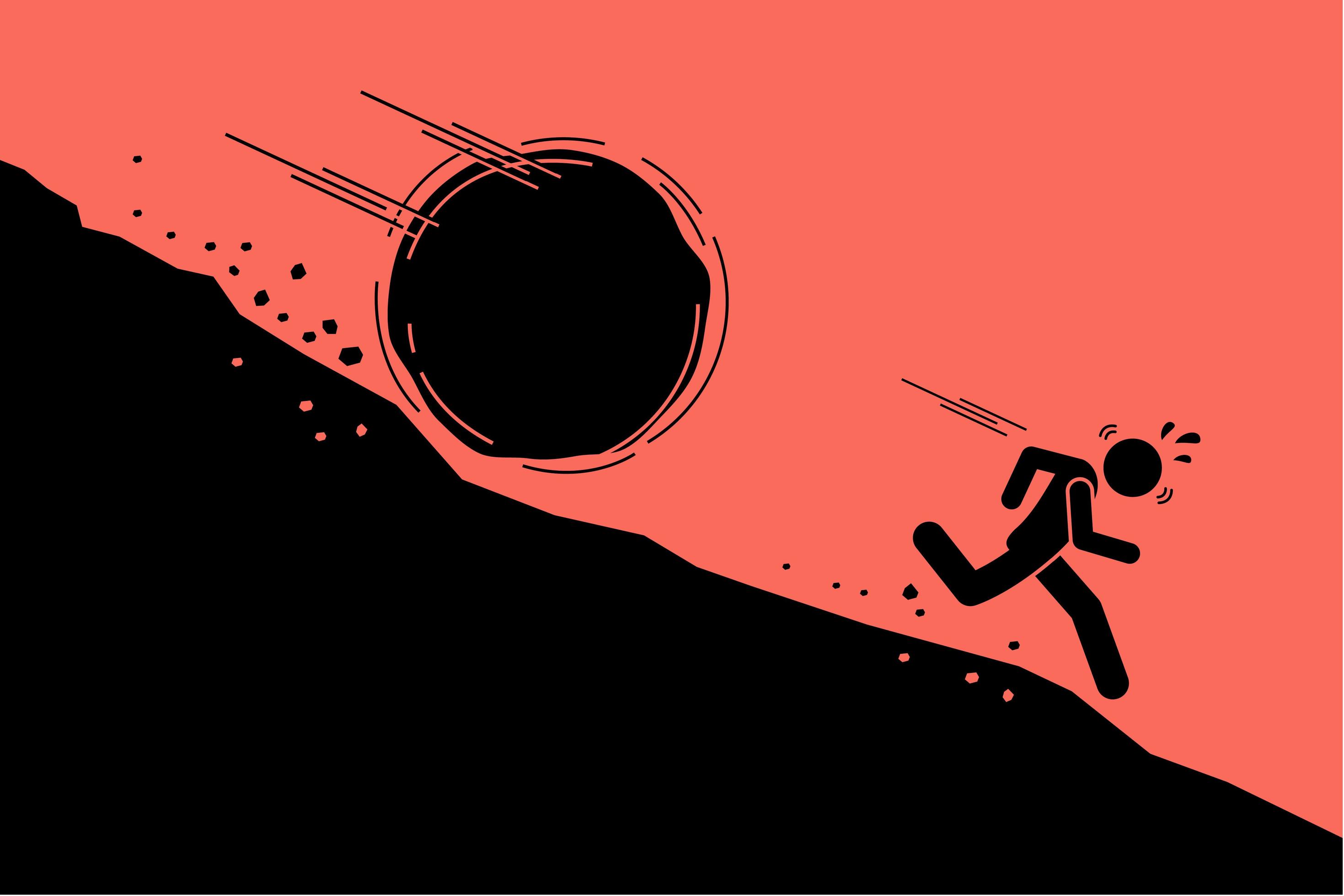Big rock or boulder rolling down on a man from steep mountain hill