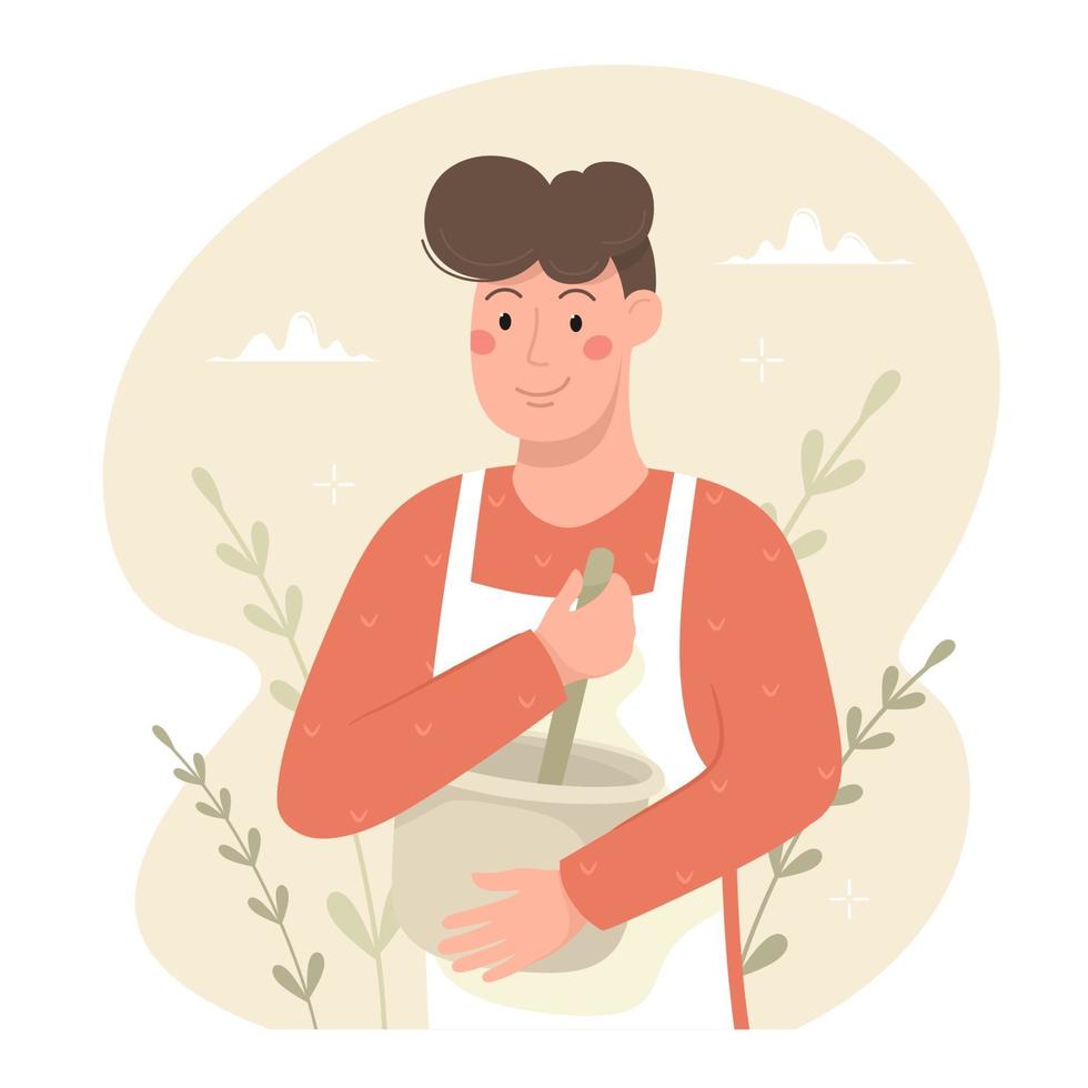 The young man is cooking. Vector illustration in cartoon style