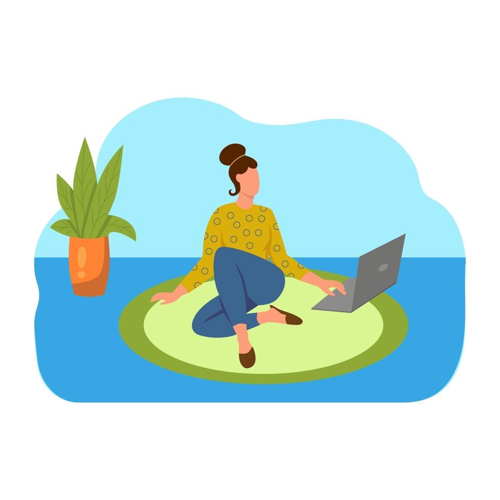 A young woman is working on a laptop and sitting on the floor vector