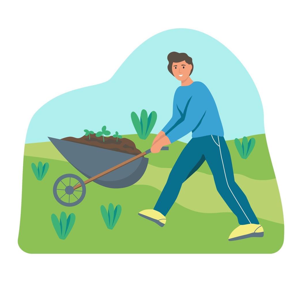 Farmer pushing a wheelbarrow with dirt vector