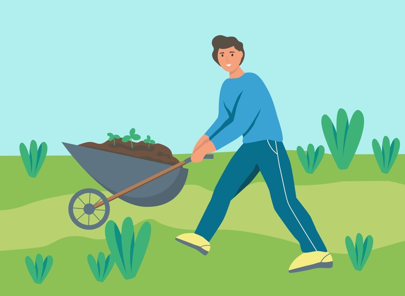 Farmer pushing a wheelbarrow with dirt vector