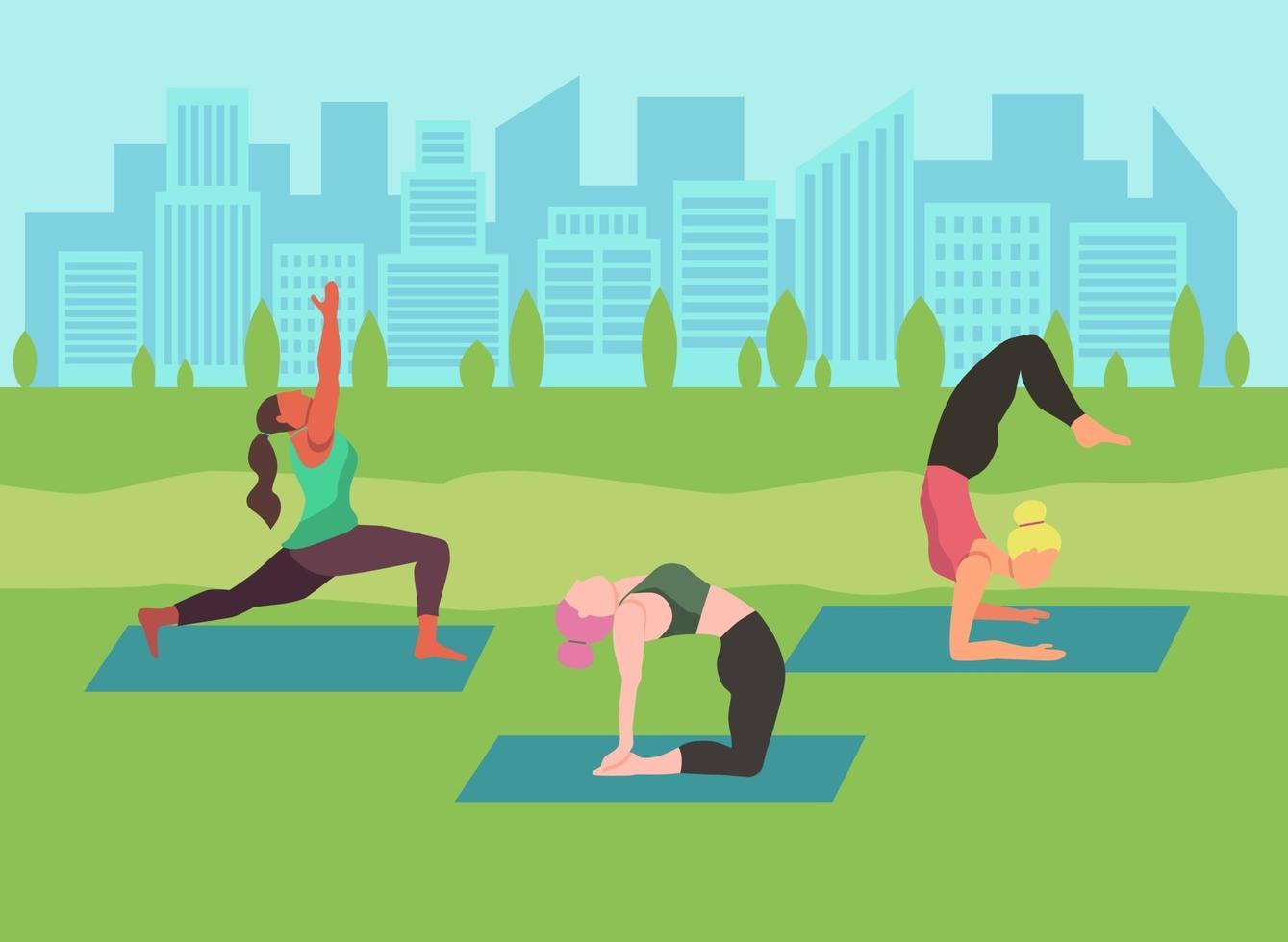 Young women doing yoga outdoors vector