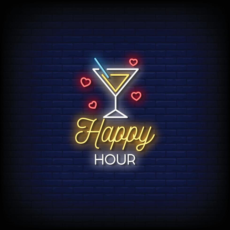 Happy Hour Neon Signs Style Text Vector