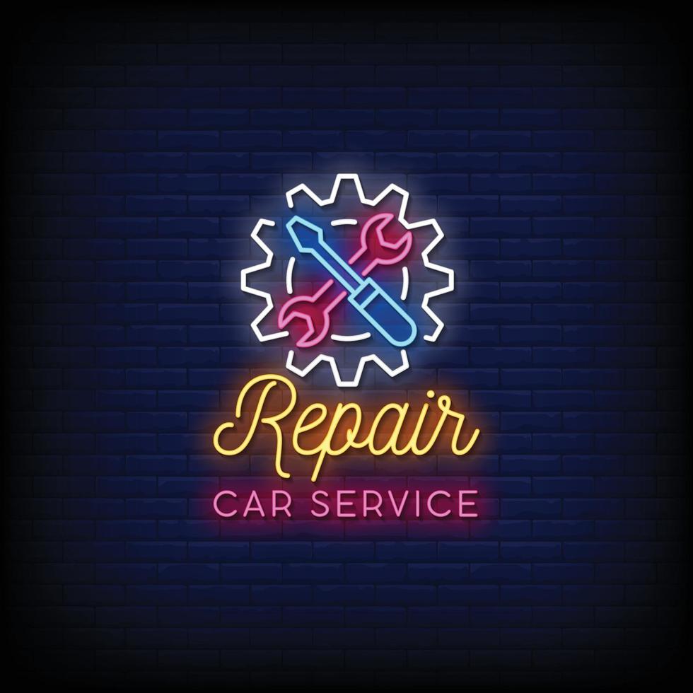 servicio de reparación de automóviles letreros de neón estilo vector de texto