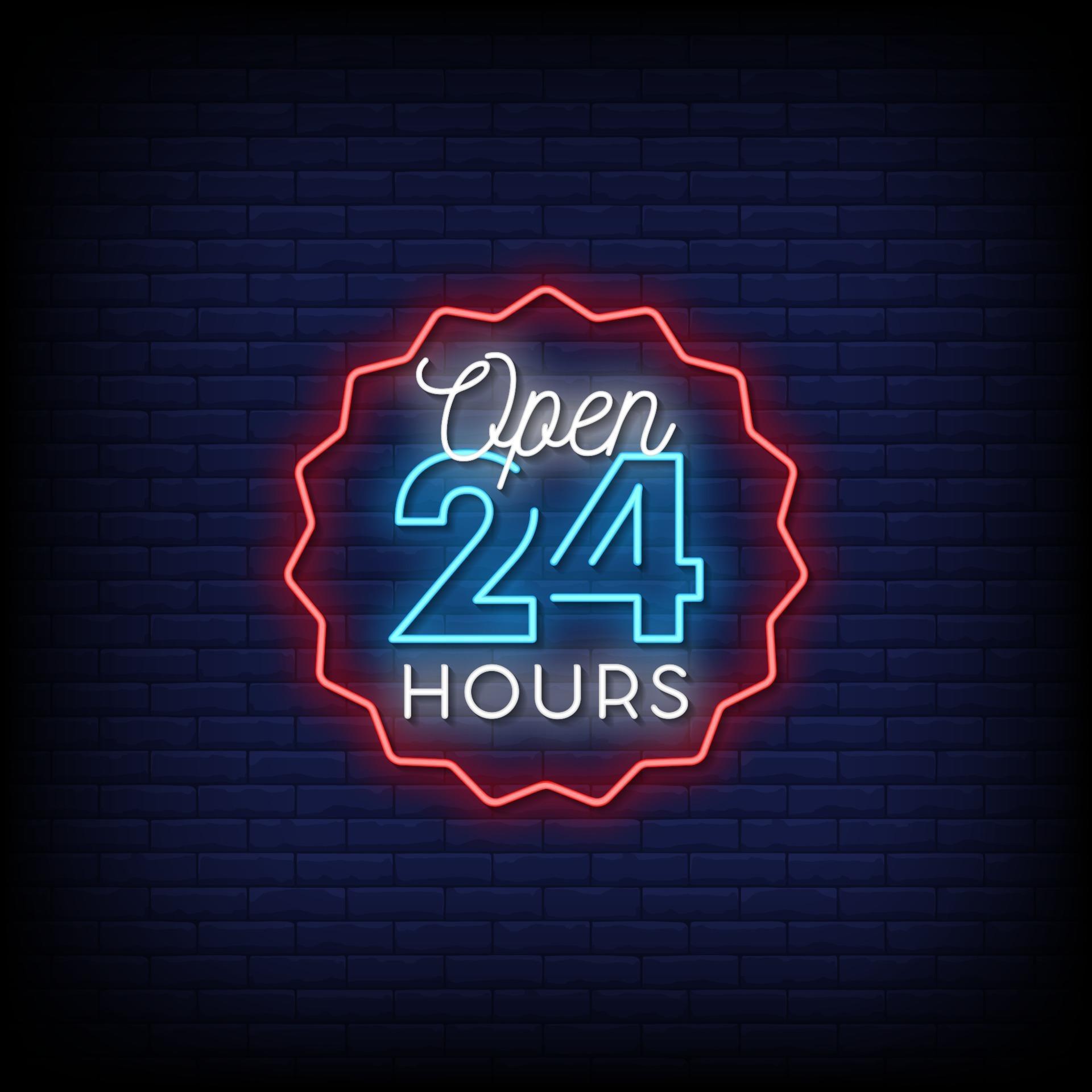 Open 24 Hours Neon Signs Style Text Vector 2185895 Vector Art at Vecteezy