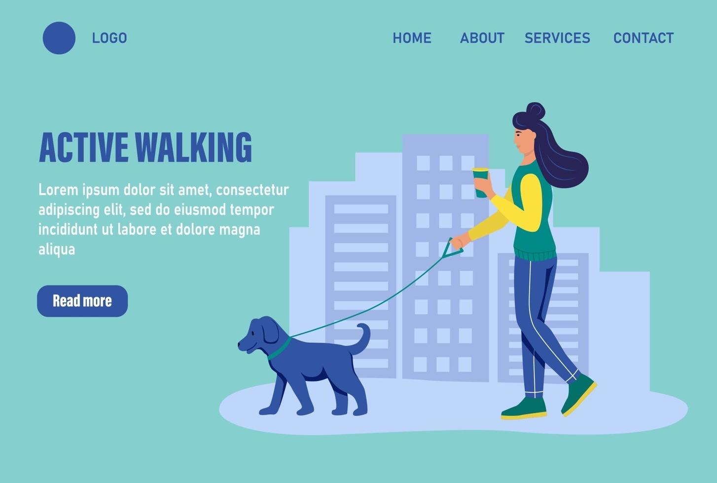 Active walking. Website homepage landing web page template. A young woman walks her dog. The concept of daily life, everyday leisure and work activities. Flat cartoon vector illustration.