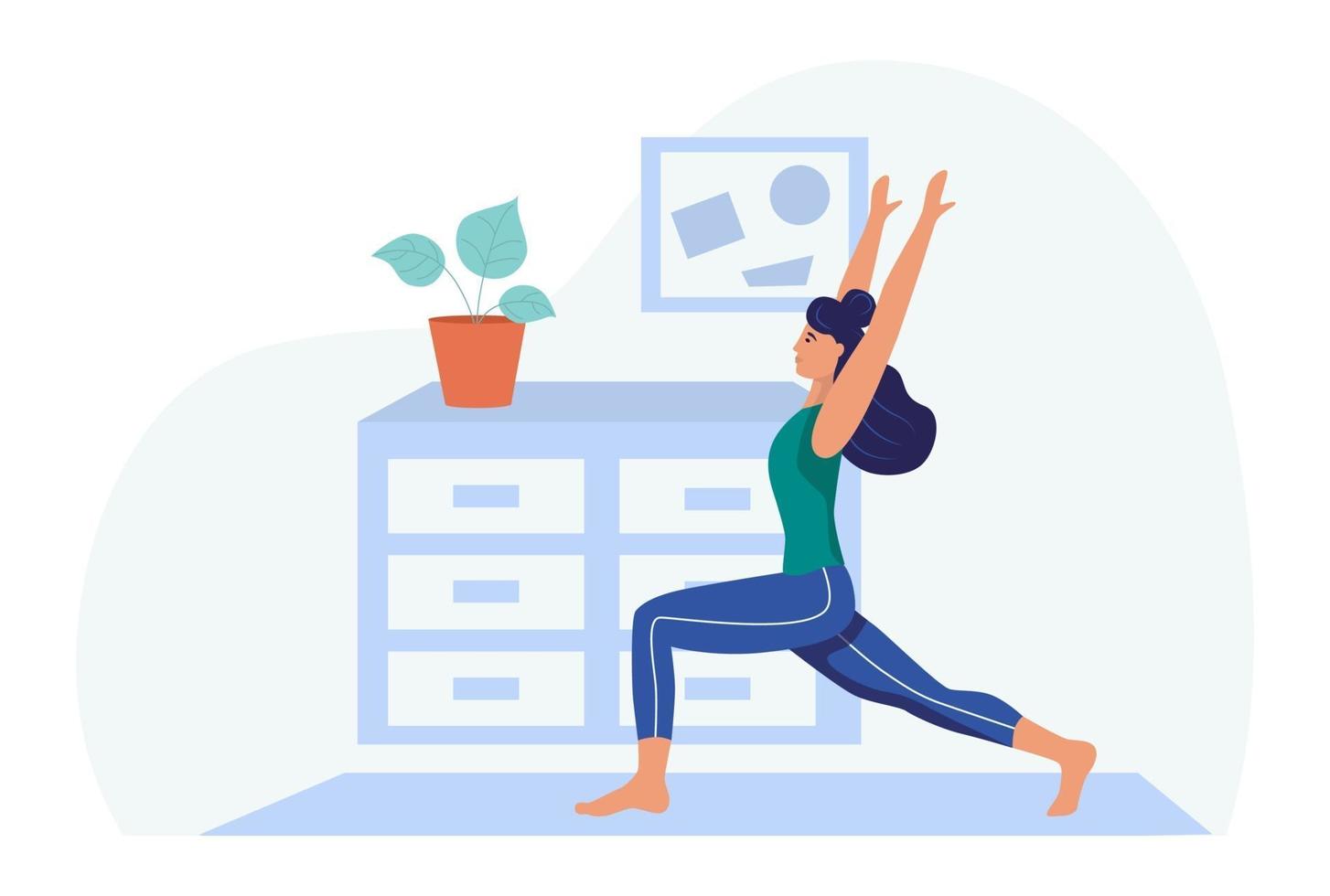 una mujer joven hace yoga en casa, el concepto de la vida diaria, el ocio diario y las actividades laborales. ilustración vectorial de dibujos animados plana. vector