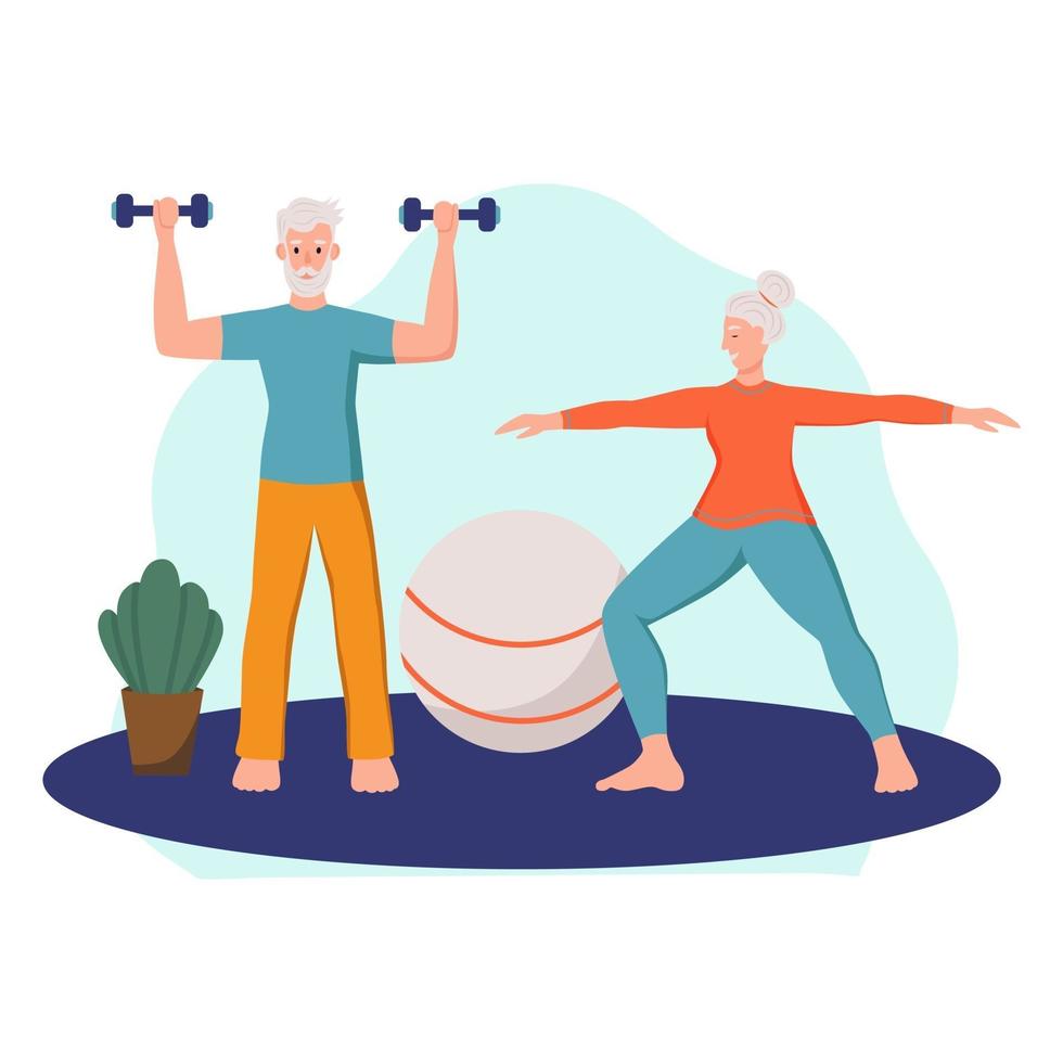 una pareja de ancianos juega a hacer ejercicio en casa. el concepto de vejez activa, deportes y yoga. vector