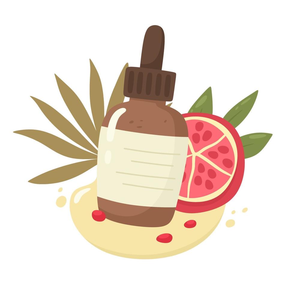 A bottle of pomegranate seed oil and pomegranate. Skin care. Vector illustration in flat cartoon style.