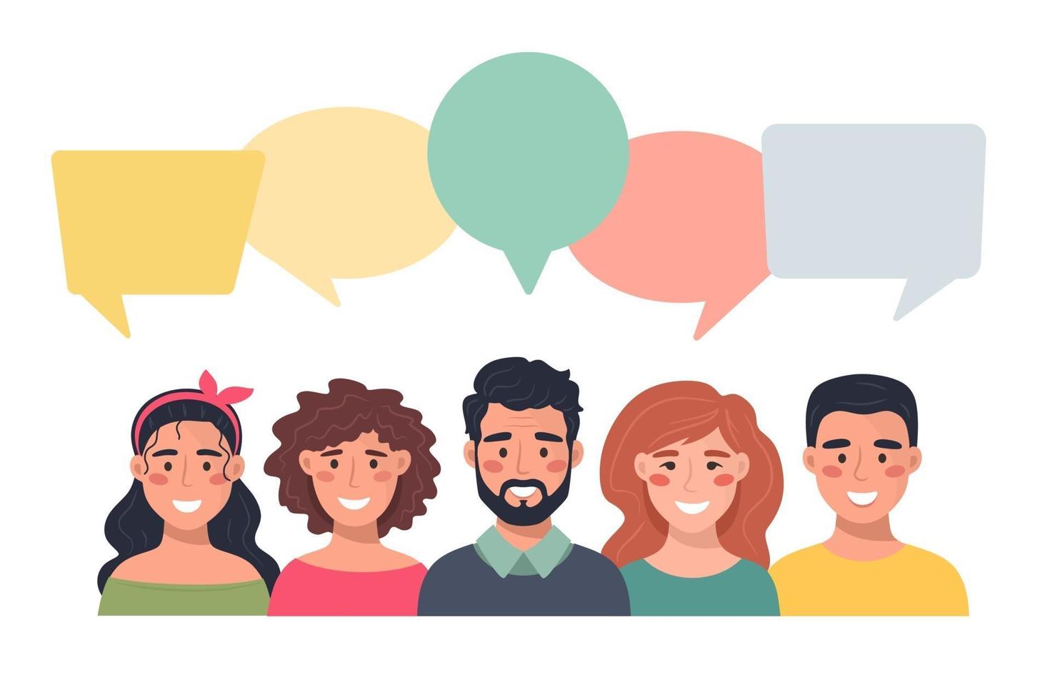 People avatars with speech bubbles. Communication of men and women, talking  illustration. Team, conference, work, feedback. Vector illustration in flat  style. 2186020 Vector Art at Vecteezy