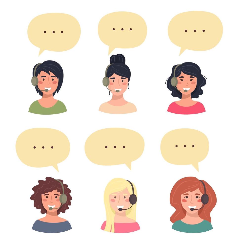 Set of avatars of cute happy young women, customer service phone operator. Portrait of smiling girls, call center workers with headset and speech bubbles. Vector illustration.