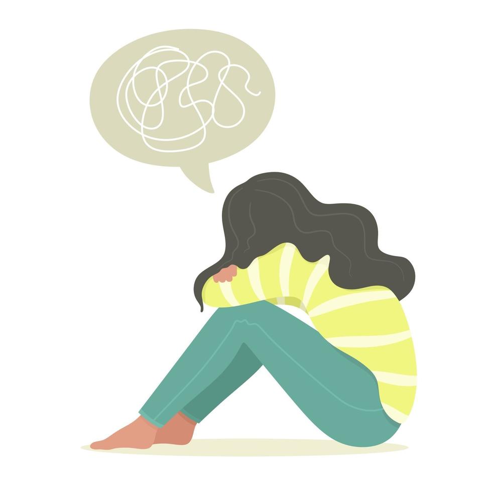 Seated young woman, teenage girl, suffering from psychological illness, disorder, anxiety. Vector illustration in flat style