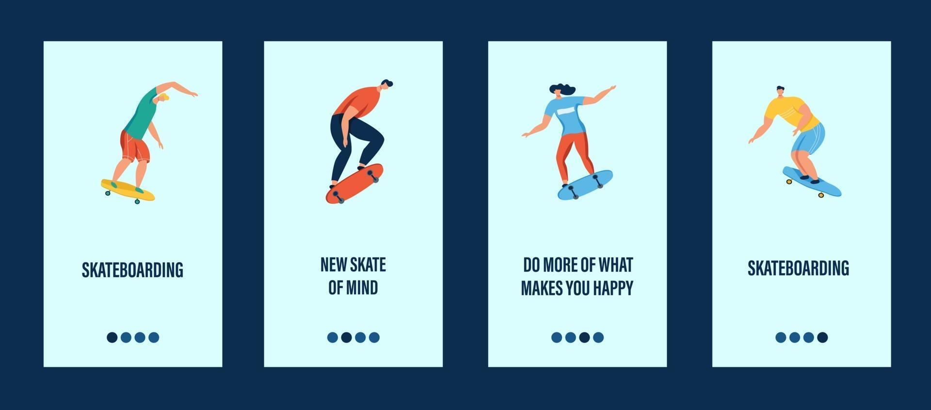 Young people riding a skateboard mobile app template vector