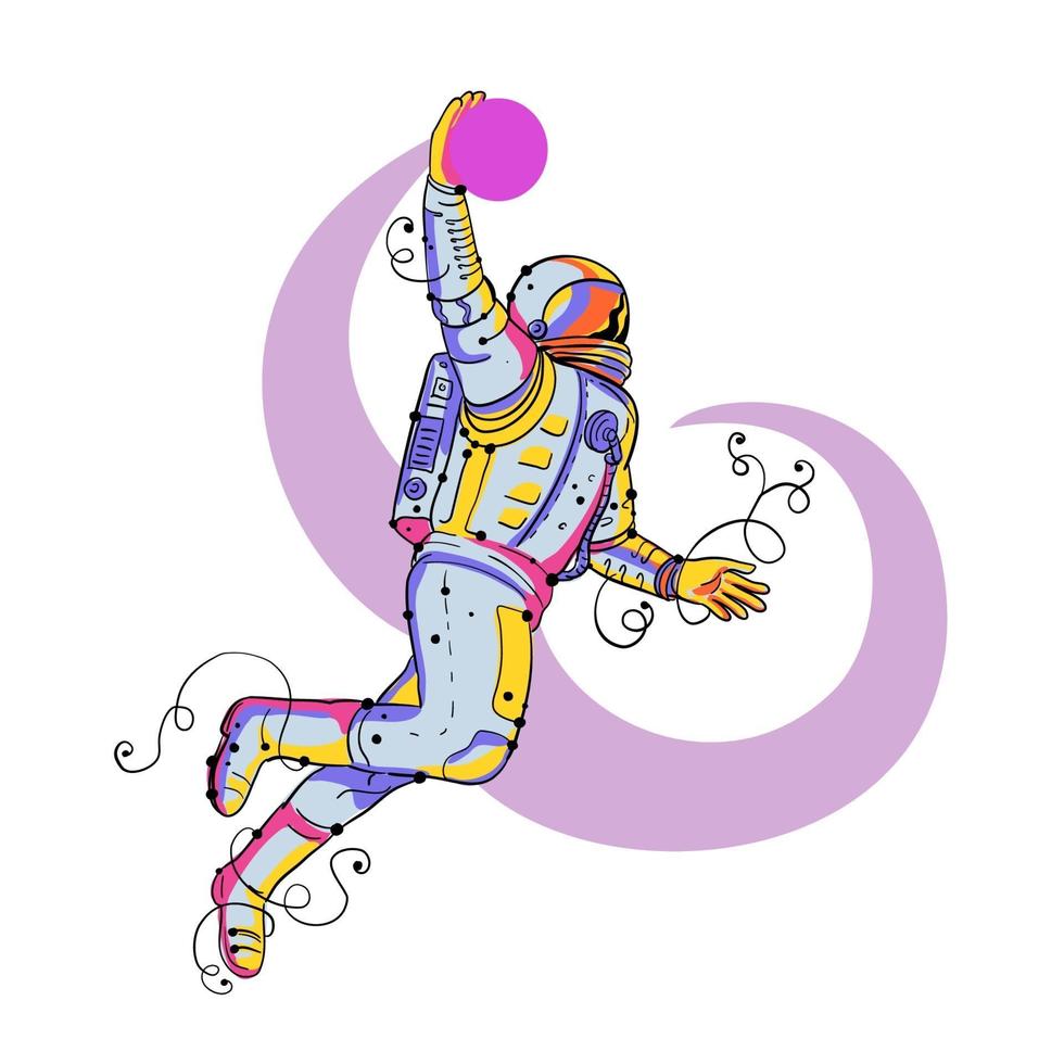 astronauta, mojar, pelota, garabato vector