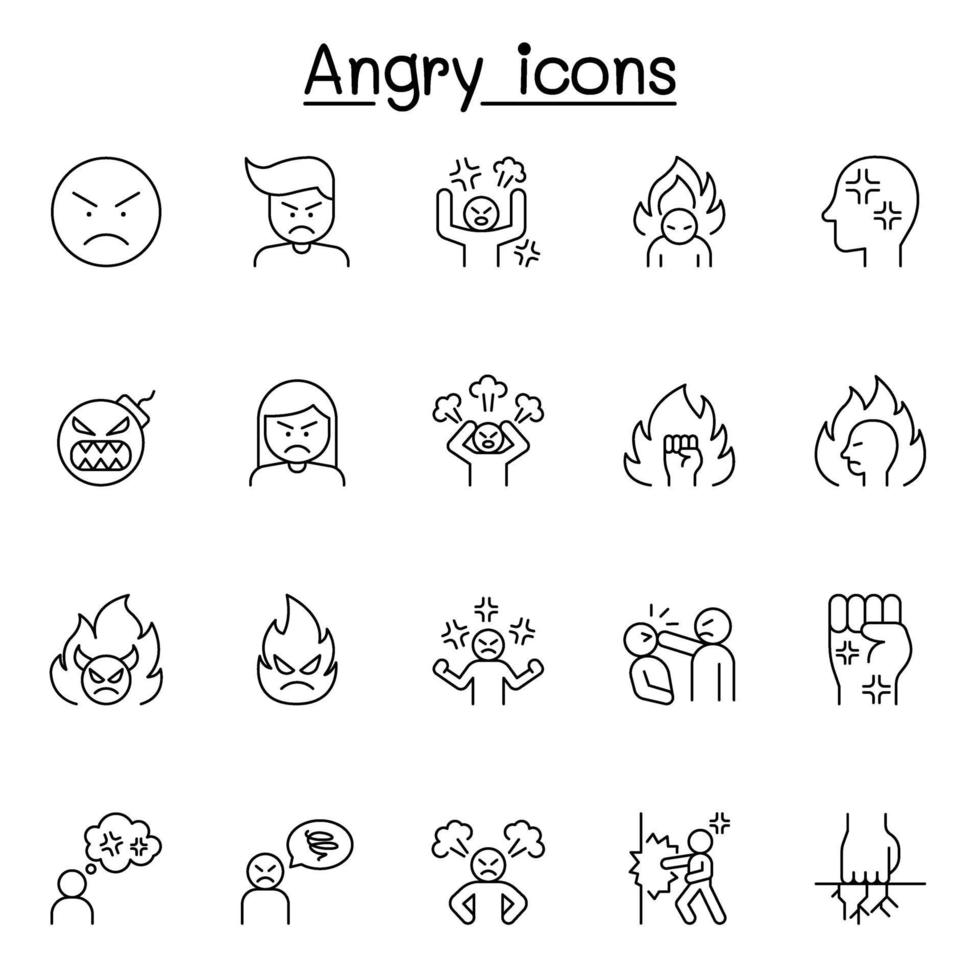 Set of angry Related Vector Line Icons. Contains such Icons as crazy, mad, violence, aggressive, boxing, hit, punch and more
